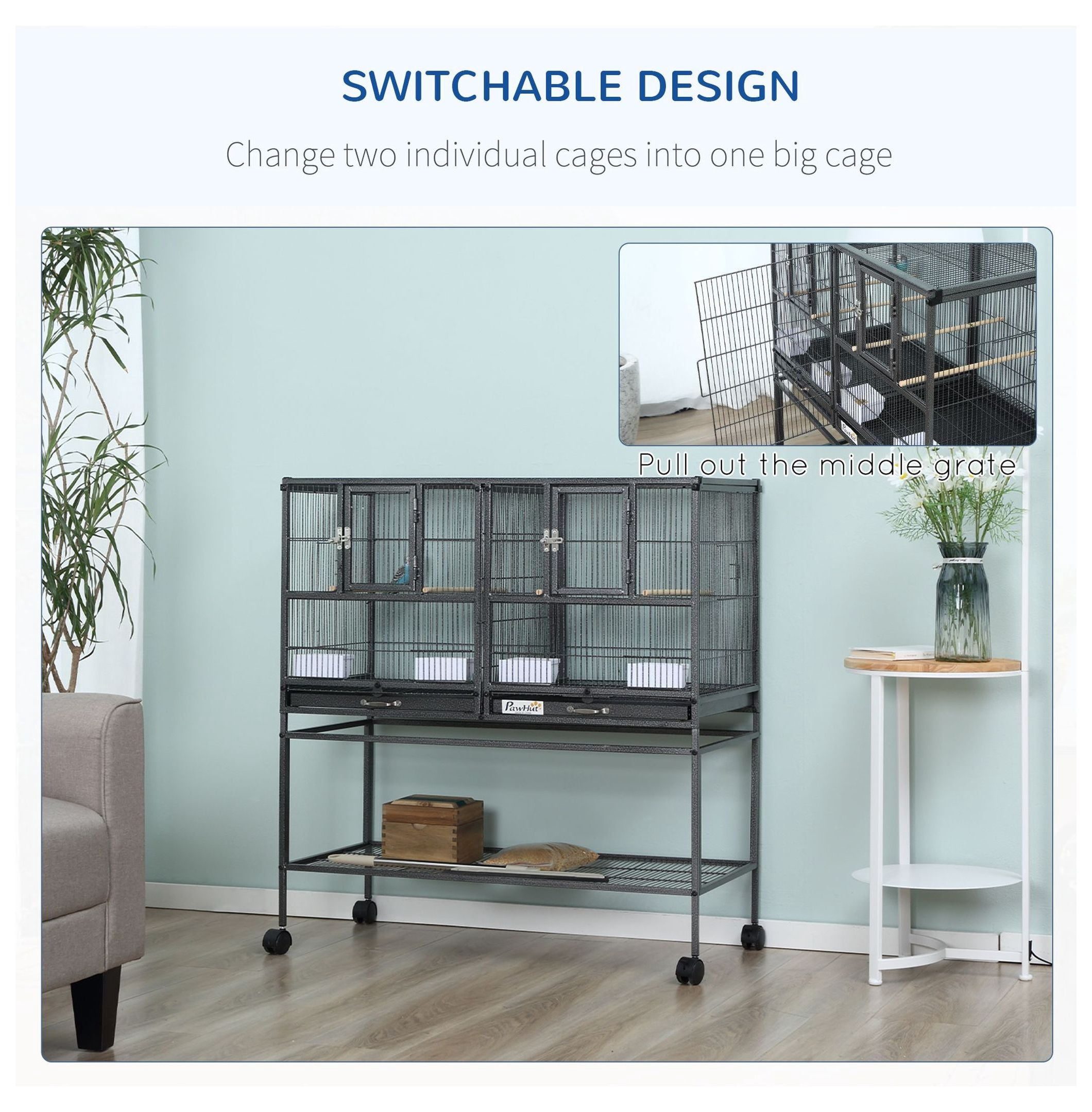 Large Bird Cage Double Rolling Metal 40.25" H w/Storage Shelf & Perches - Black/Gray