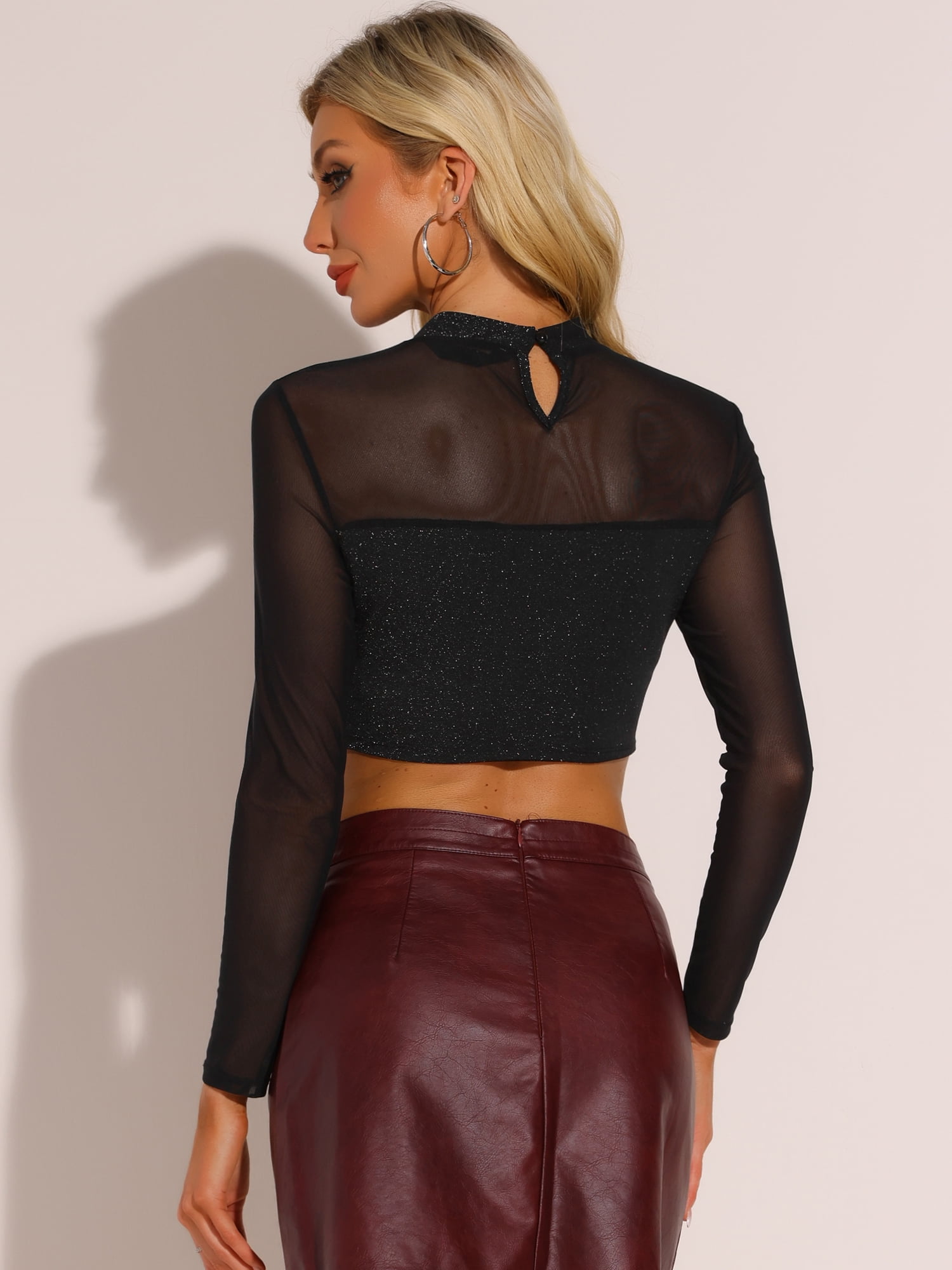 Unique Bargains Women's Mock Neck Keyhole Mesh Clubewear Sparkle Crop Top L Black Silver