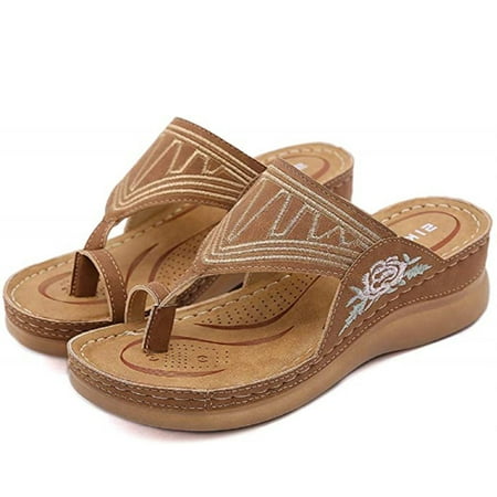 

Embroidery Orthopedic Comfy Flip Flop Sandals Open Toe Summer Outdoor Slippers Wedges Slippers for Women Blue 37