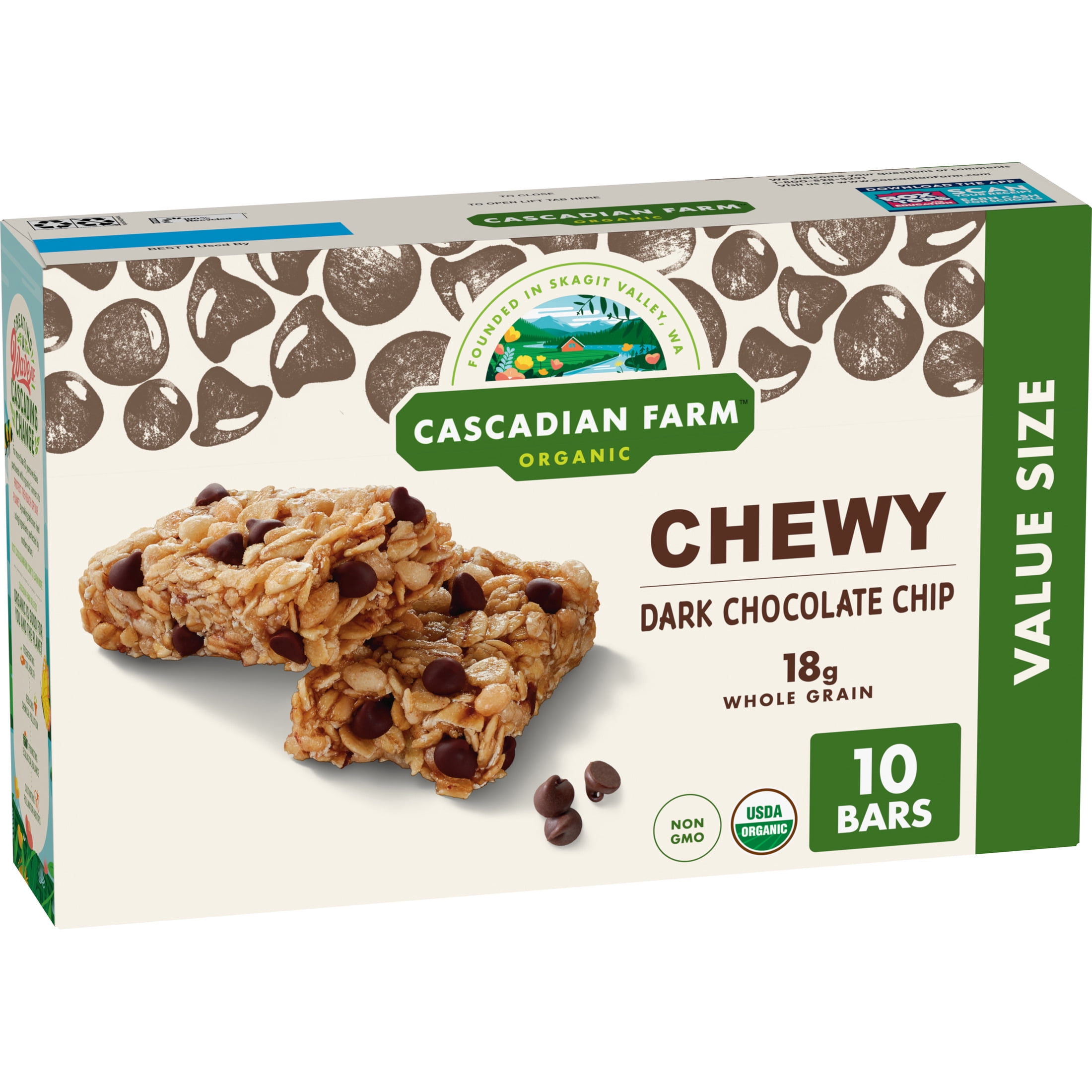 (2 pack) Cascadian Farm Organic Chewy Granola Bars, Dark Chocolate Chip, 10 Bars, 12.3 oz