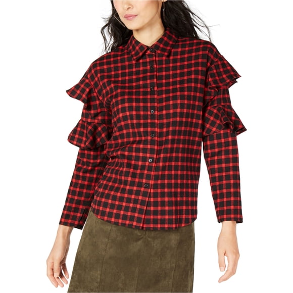 Sage The Label Womens Ruffle Sleeve Button Down Blouse, Black, Medium