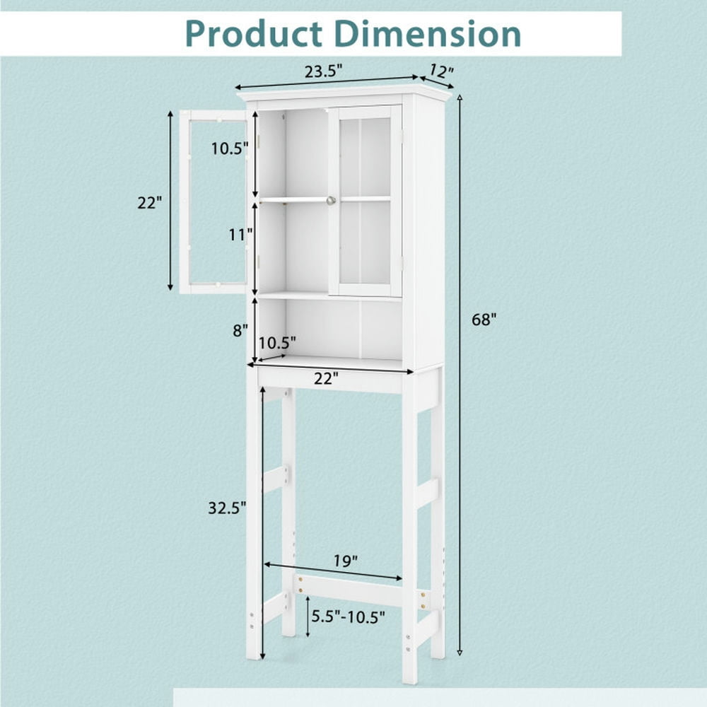 Finihen Toilet Storage Cabinet, Bathroom Cabinet Organizer, Over the Toilet Storage Cabinet with Double Tempered Glass Doors, for Bathroom, White