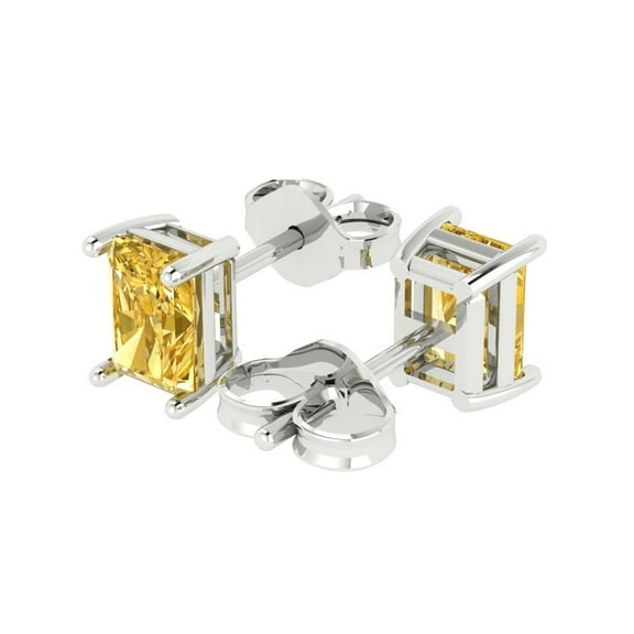 1.0 Ct Emerald Cut Studs Yellow Crystal 18K White Solid Gold Everyday Dainty Earrings Push Back