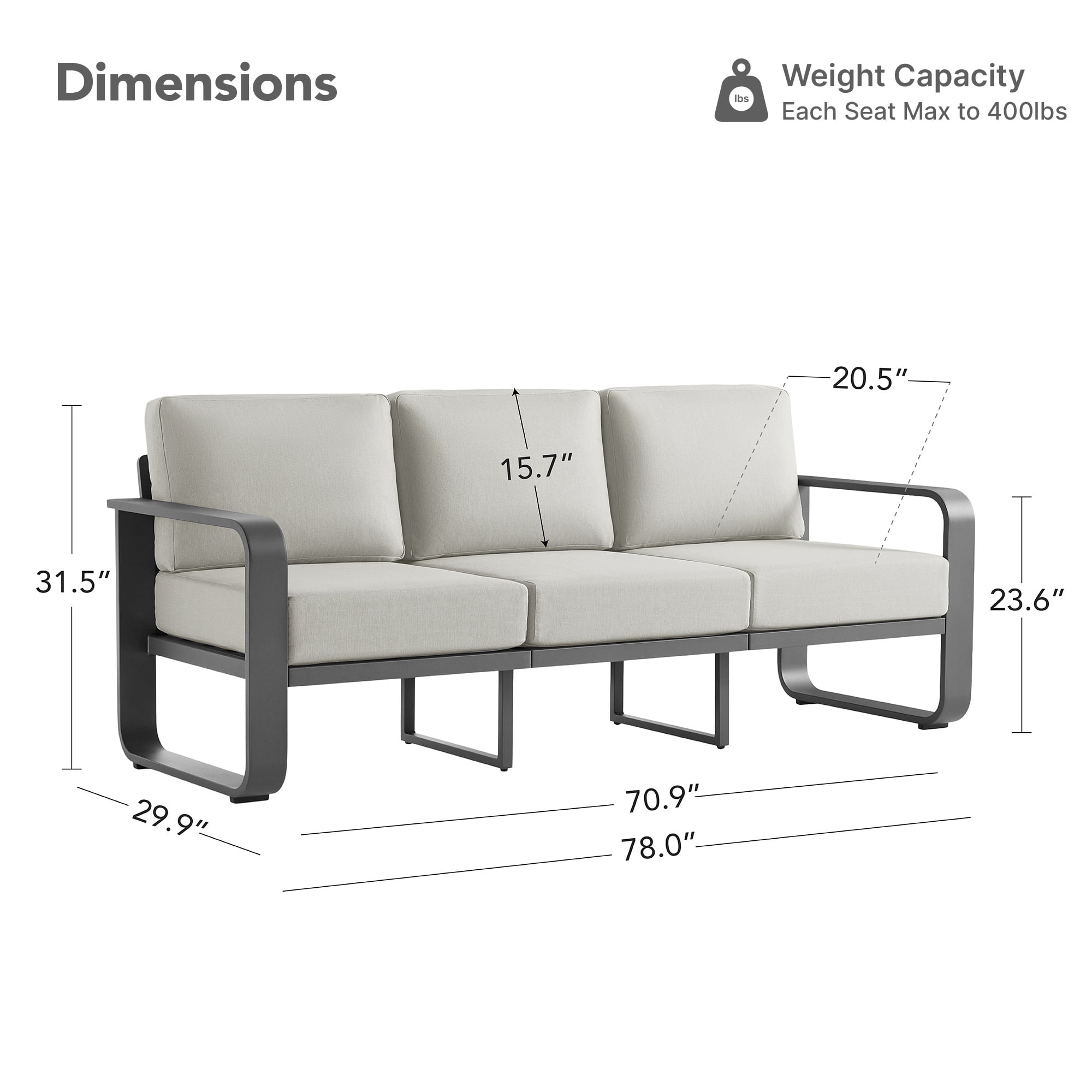 CHITA Outdoor Patio 3-Seater Sofa, Aluminum Wood-Grain Couch with 6.3" Thick Olefin Cushions, Rustproof & Water-Repellent