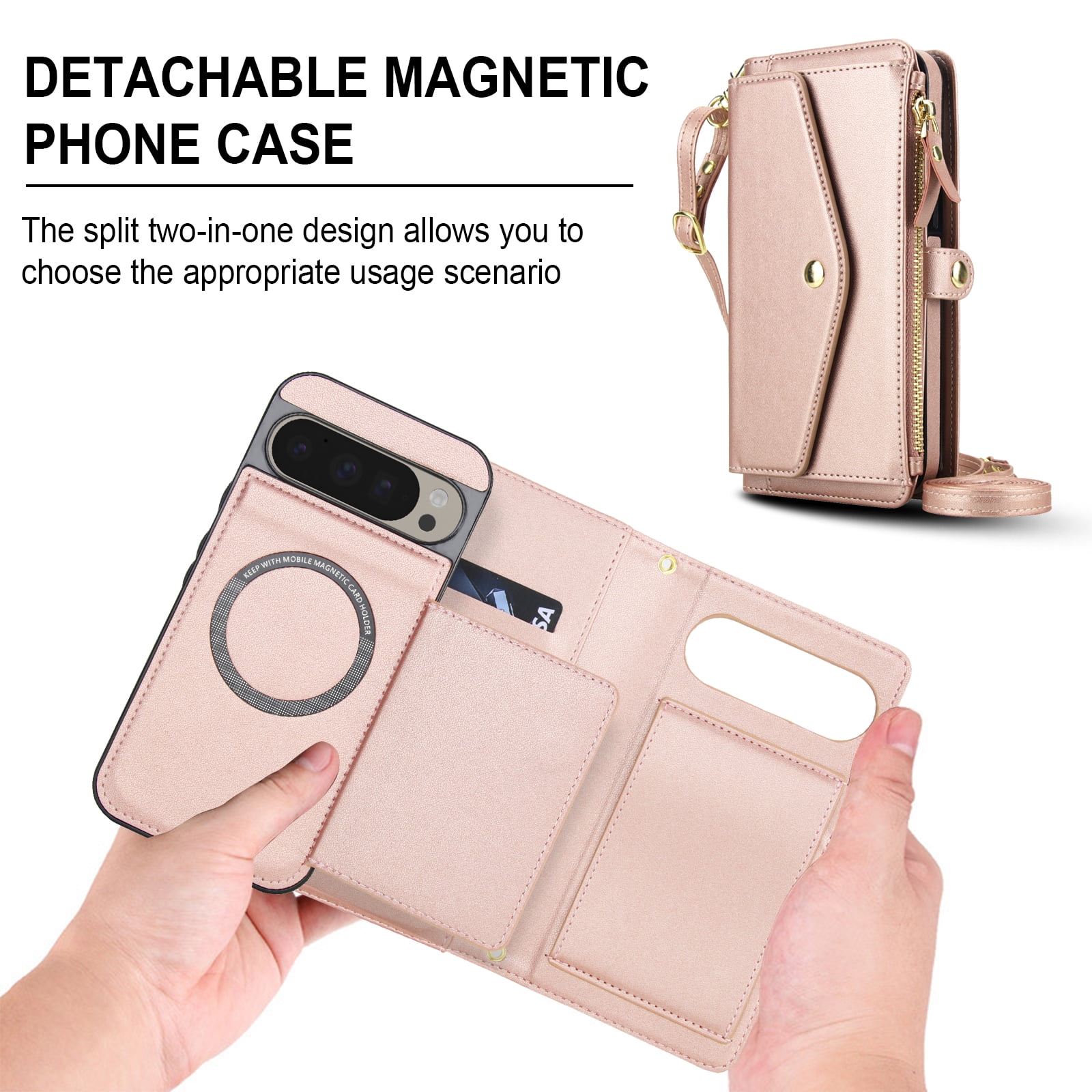 Designed for Google Pixel 8 Multi-Function Wallet Phone Case,With Shoulder Strap&Wrist Strap,Cash Pocket&Card Slots,Zipper Purse,Magnetic Detachable PU Leather Flip Phone Case,Rosegold