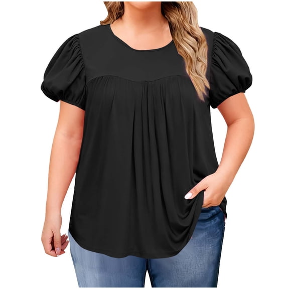 Plus Size Cute Tops for Women with Pleats Crew Neck Puff Short Sleeve Flowy Casual Dressy Blouse Summer T-Shirt (XL, Black)