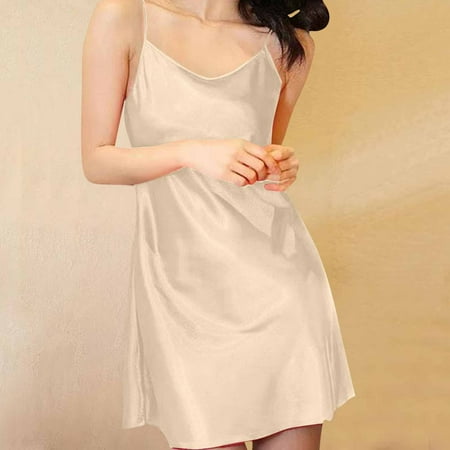 Xixinqiwan Women Sexy Lingerie Silk Satin Nightgown Mini Slips V Neck Negligee Chemise Sleepwear with Adjustable Straps Beige XL
