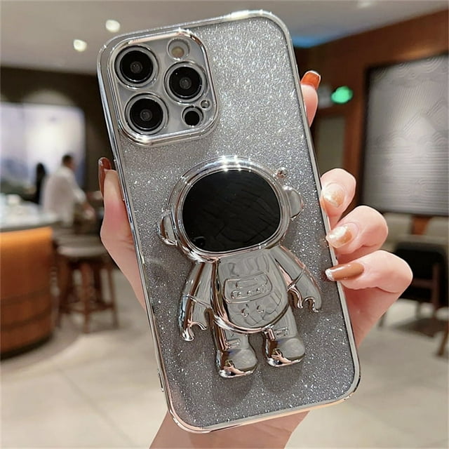 Gradual Glittering Pink Phone Case With Cartoon Astronaut Holder For,iPhone14/14Plus/14Pro/14ProMax ,iPhone13/13Mini/13Pro/13ProMax ,iPhone12/12Mini/12Pro/12ProMax, ,iPhone11/11Pro/11Pro Max ,iPhoneX