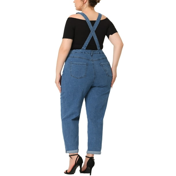 Agnes Orinda Women's Plus Size Casual Stretch Adjustable Denim Bib Overalls Jeans  Pants Jumpsuits Blue 1X 
