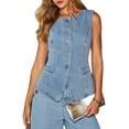 thumbnail image 3 of Women's Denim 2-Piece Set, Sleeveless Button Down Vest and High-Waisted Wide Leg Pants Outfit Blue L, 3 of 10