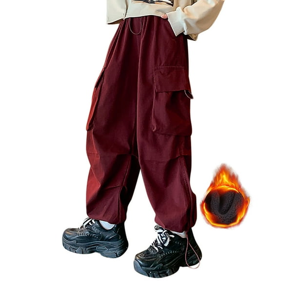 Cargo Pants For Girls Casual High Waisted Loose Fit Sweatpants with Pockets Solid Color Kid Fashion Cargo Winter Warm Streetwear,Z3-,7-8 Years