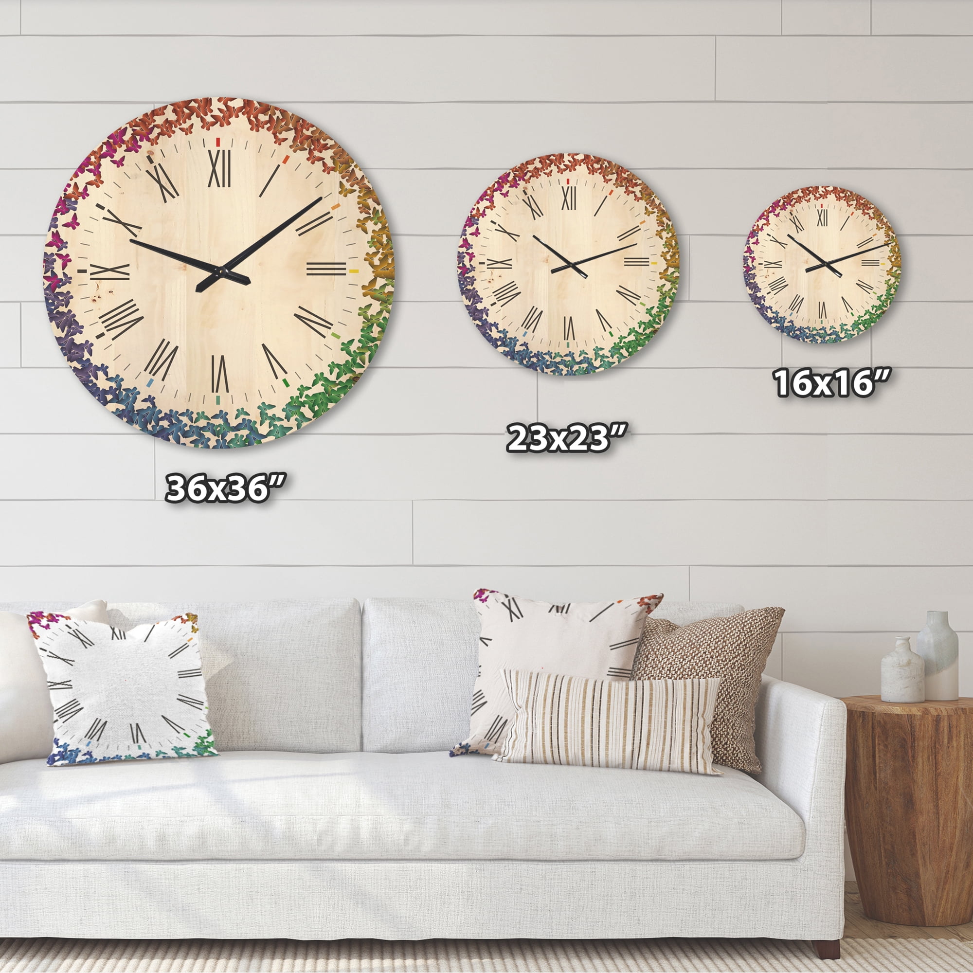 Designart 'Rainbow Butterfly Origami On White' Farmhouse Wood Wall Clock