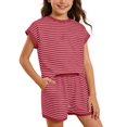 thumbnail image 2 of Lullu Girls Striped Short Sleeve T Shirt Shorts Set Casual Outfits, Red, Sizes 6-14, 2 of 3