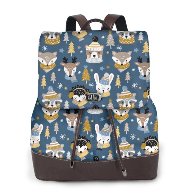 Easygdp Winter Animal Friends Mochila de Cuero para Mujeres, Bolso de Hombro, Bolsos de Mano de Moda para Trabajo y Viajes