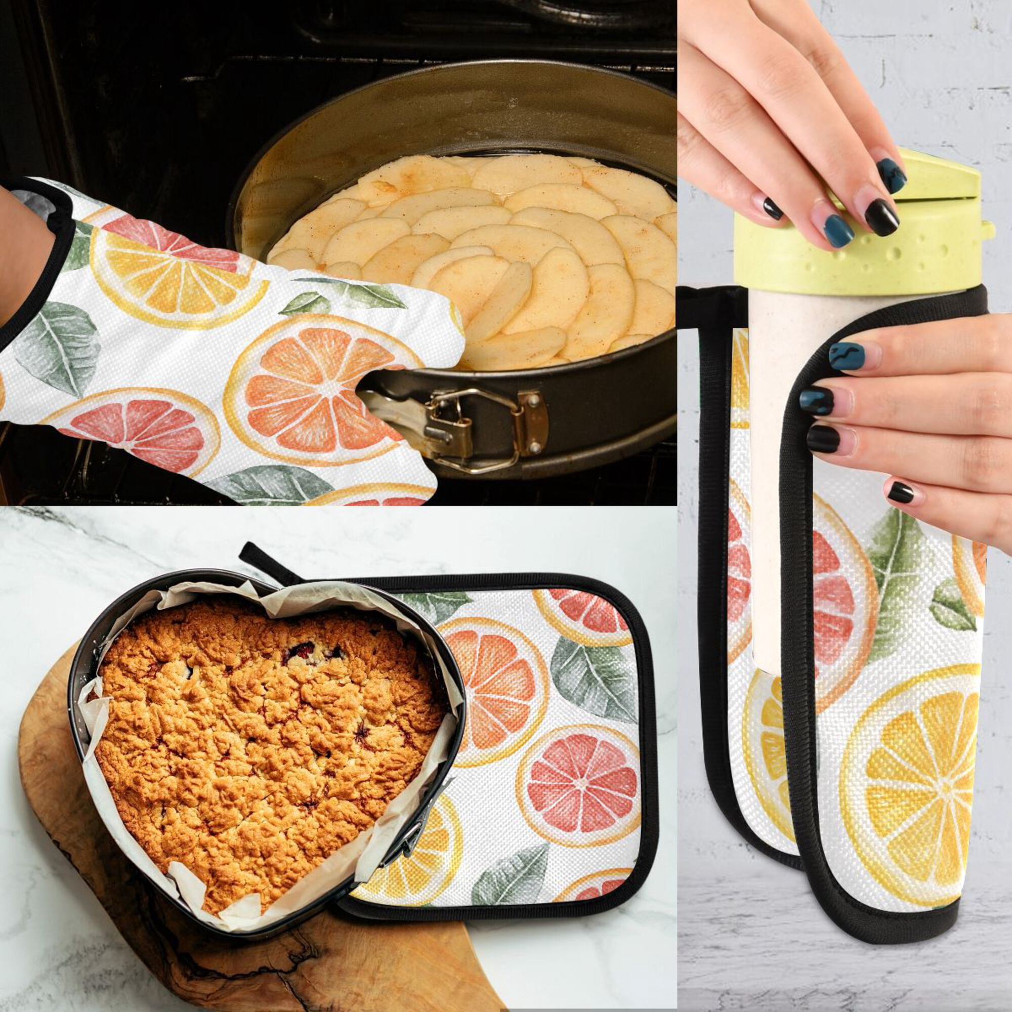 Yayeee Oven Mitts and Pot Holder Set of 4 Heat Resistant Kitchen Gloves Baking Hot Pad, Candy Grapefruit Slices