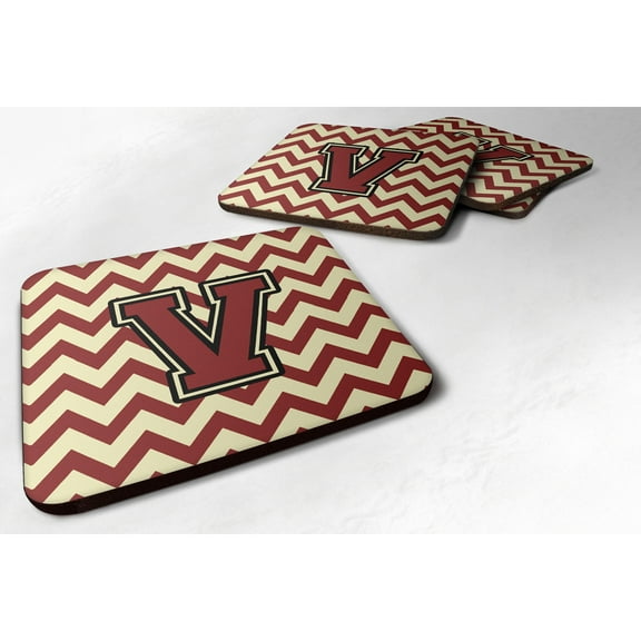 Letter V Chevron Maroon and Gold Foam Coaster Set of 4
