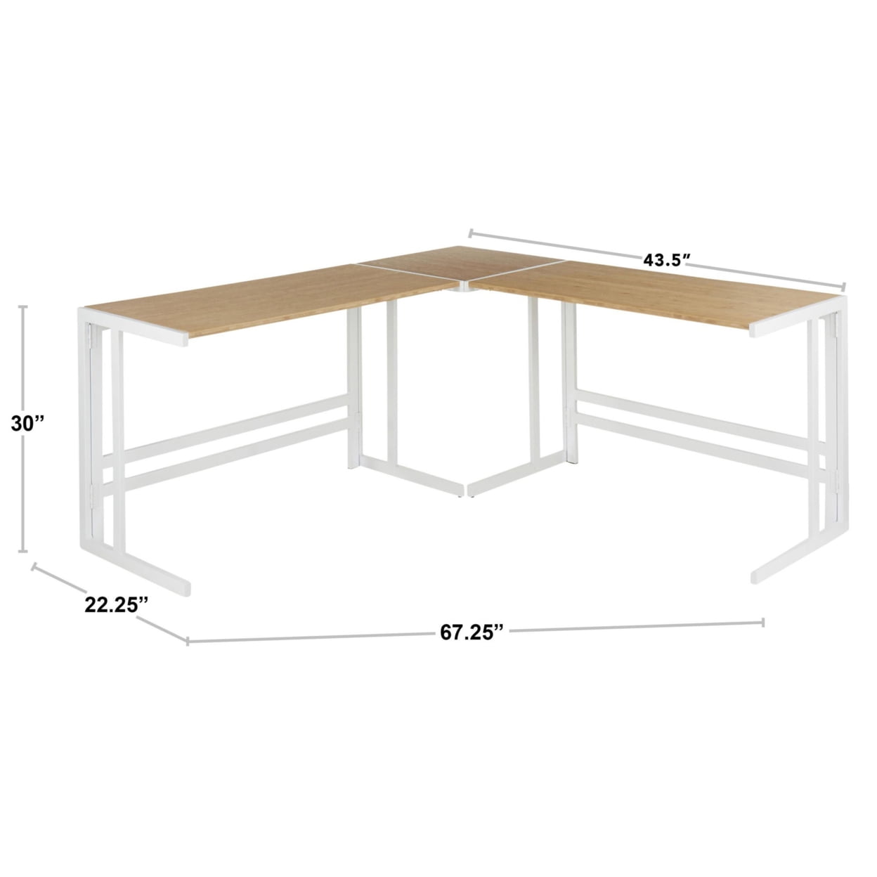Roman Industrial "L" Shaped Desk In White Metal And Natural Wood-Pressed Grain Bamboo