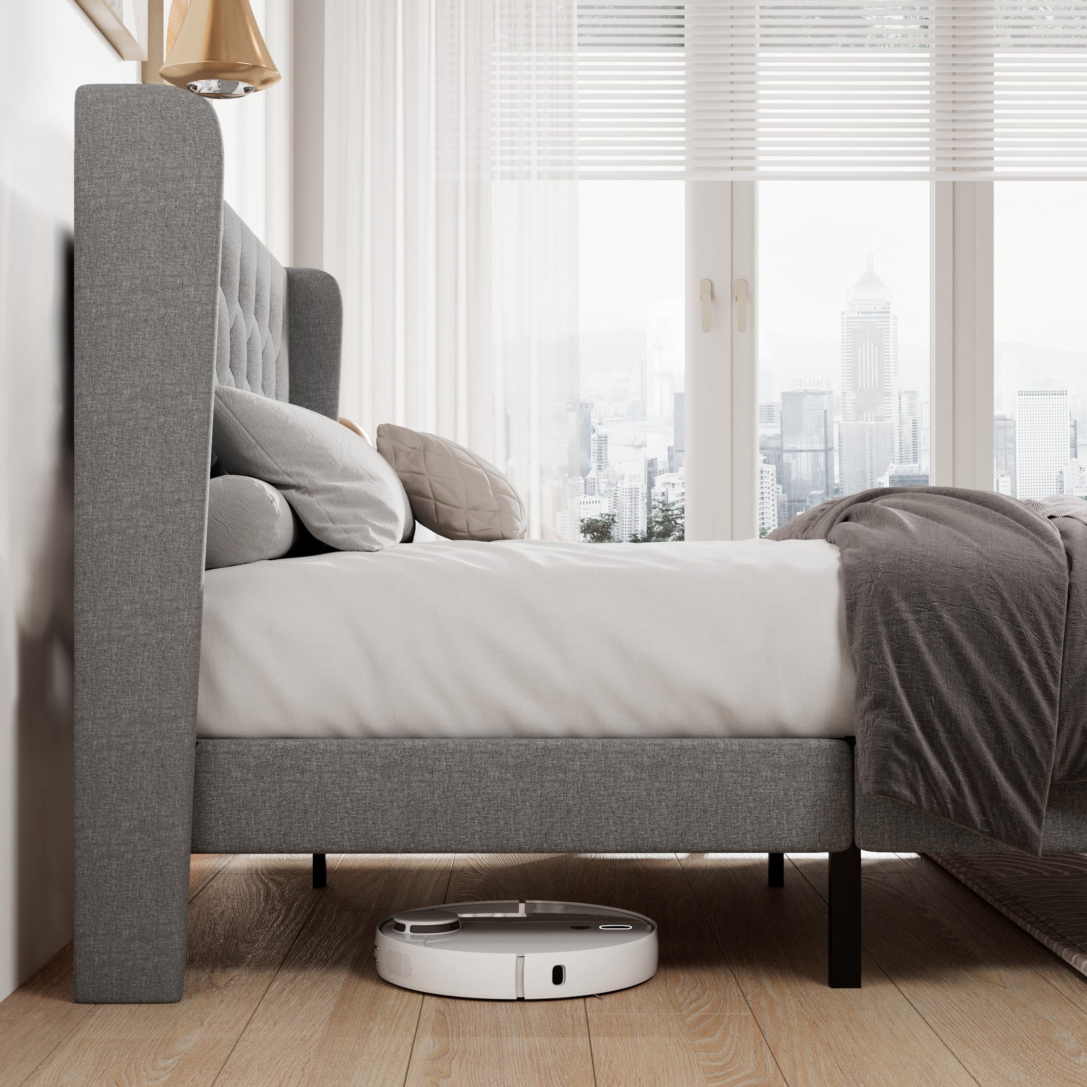 Allewie Queen Size Upholstered Platform Bed Frame with Fabric Wingback Button Tufted Headboard, Light Grey