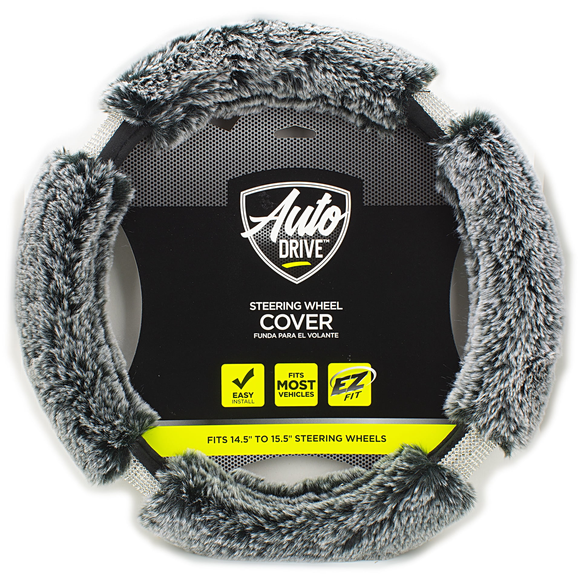 Auto Drive Black-Gray Fur Bling Steering Wheel Cover, 34060PWDI, 1.08 lbs