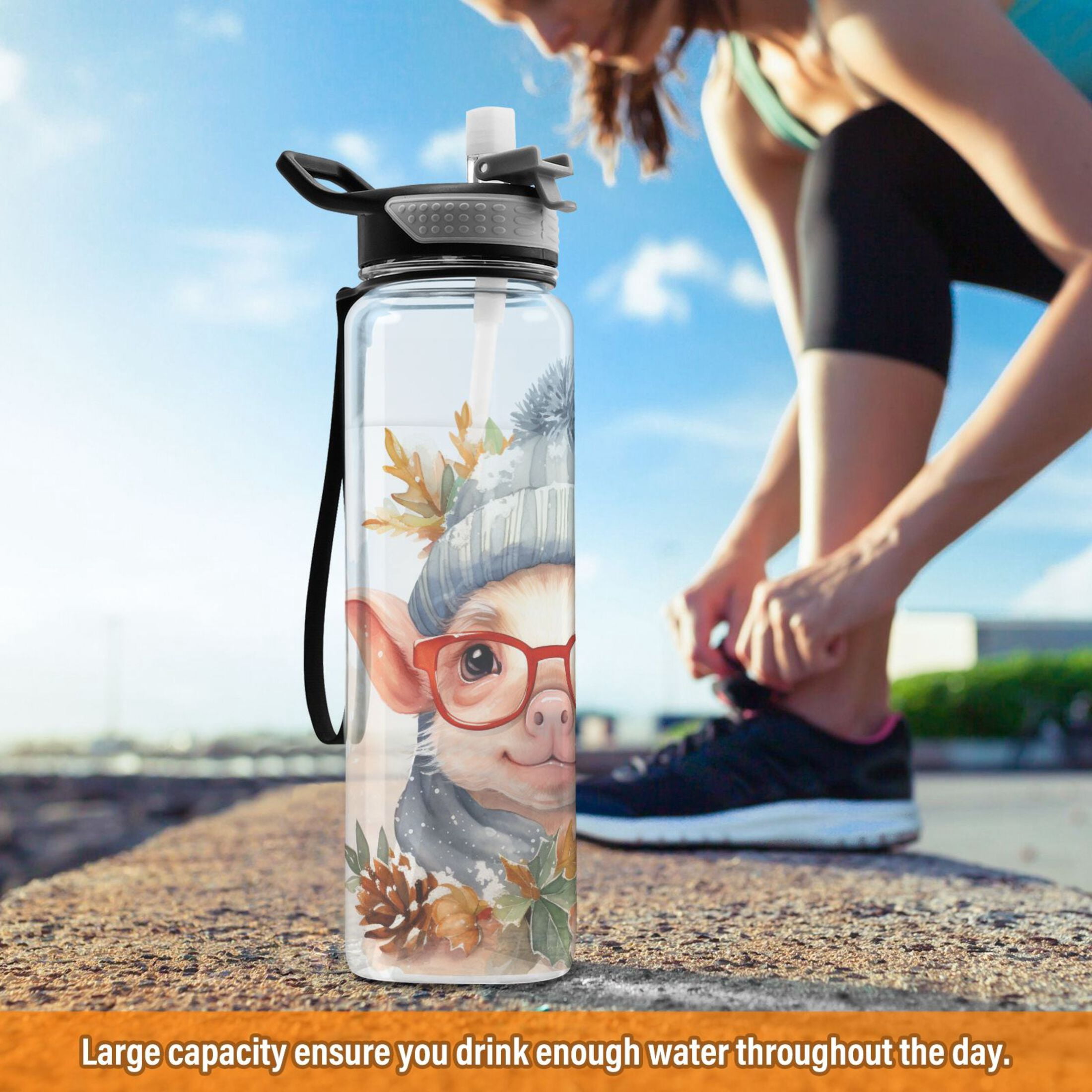 Pig Glasses Pines Leaves Sports Water Bottle Portable Travel Mug 32oz BPA Free Leak Proof Straw Transparent Tritan for Gym Yoga Cycling Camping
