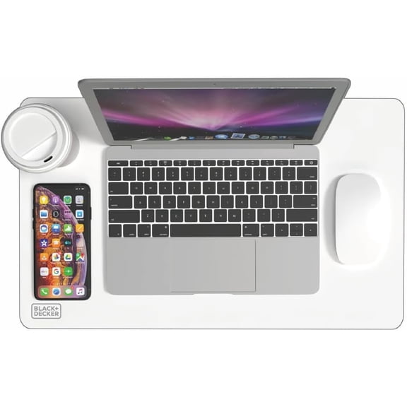 BLACK DECKER Small Travel Desk Mat, Office Desk Pad, Computer Mat, Laptop Pad for Mobile Office, Computer Furniture Protector, Compact for Carry-On Bags, Ideal for Travel & Work (12"x 20"), White