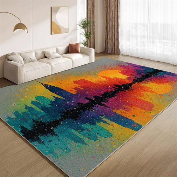 Tapis de Zone Paysage Urbain au Coucher du Soleil avec Retrowave, Tapis Gratte-Ciel Néon, Tapis Doux Lavable Antidérapant à Poil Ras pour Entrée Chambre Déco Tapis 3 Pieds X 4 Pieds