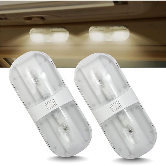 Command Electronics OEM 12V Incandescent RV Double Interior Dome Light with Rocker Switch - Made in USA - Surface Mount for Easy Installation - Hardware & Connectors Included | White (2 Pack)