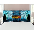 thumbnail image 1 of Outer Space Headboard, Space Ship Station Base Control Room Technology Elements Features Image, Upholstered Decorative Metal Bed Headboard with Memory Foam, Full Size, Blue Black Orange, by Ambesonne, 1 of 4