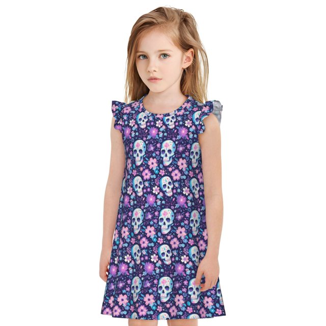 Fotbe Skull Purple Flower Vestido de Dormir para Niñas de 3 a 10 Años, Mangas Cortas, Estilo Princesa, Pijama Camisón con Mangas Voladas-X-Large