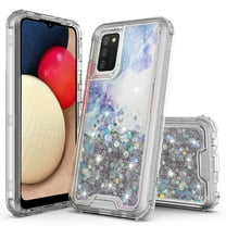 Samsung Galaxy A02S Case, Rosebono 3in1 Hybird Graphic Designed Gradient Quicksand Glitter Liquid Floating with Frame Bumper Protective Armor Case Samsung Galaxy A02S (White Marble)