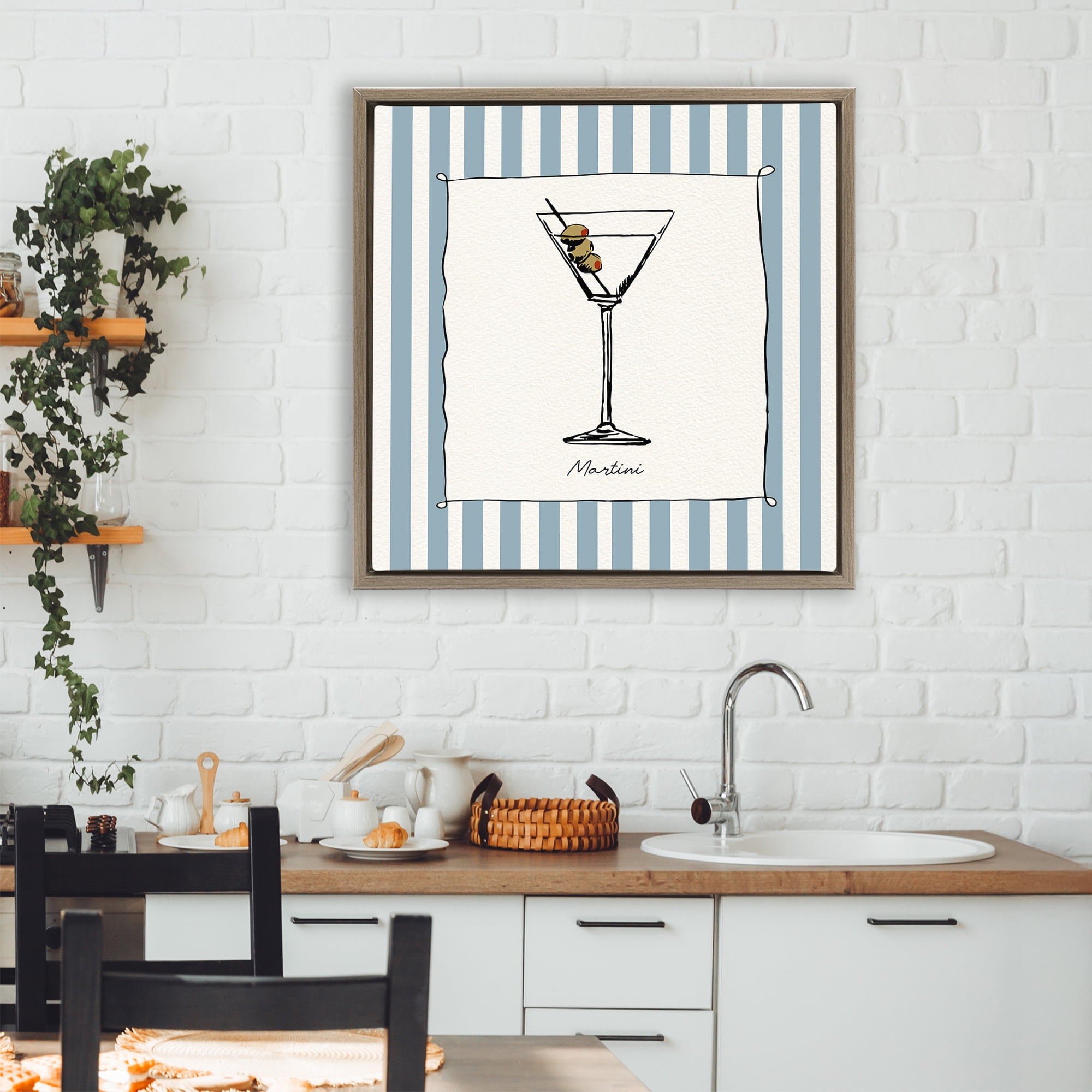 Stupell Industries Martini Summer Stripes Brown Framed Floater Canvas Wall Art, design by Susan Jill