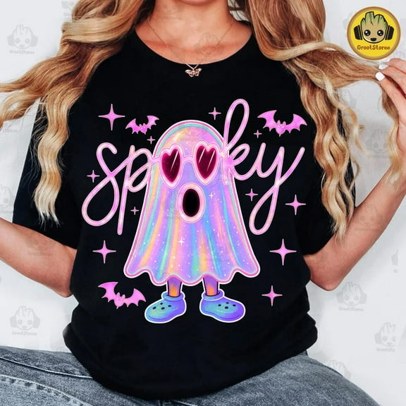 Cute Neon Spooky Ghost T-Shirt, Retro Iridescent Boo Halloween Tee, Girly Disco Ghost Shirt, Trendy Bright Fall Aesthetic Graphic
