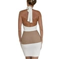 thumbnail image 2 of KOMOO Women Halter Knitted Dress Summer Contrast Color Bandage Backless Skinny Dress Mini Dress, 2 of 8