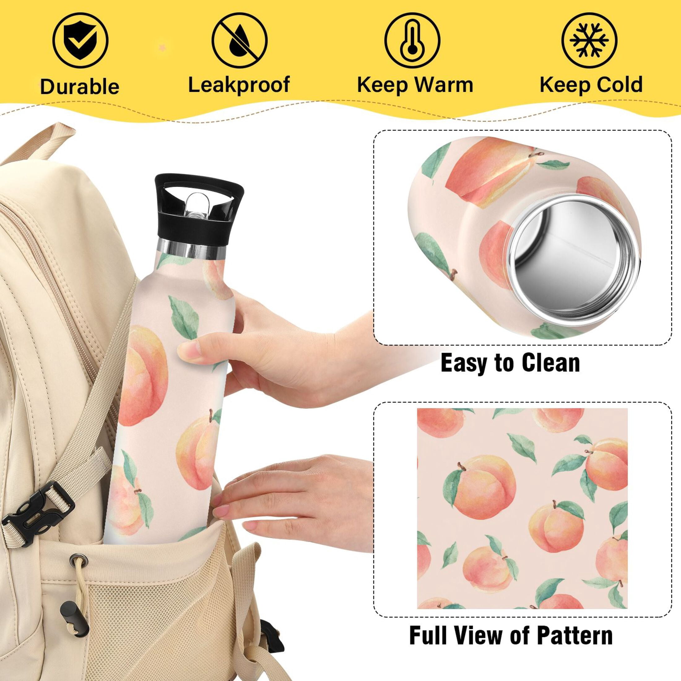 Kids Insulated Stainless Steel Sports Water Bottle 600ml Pale Pink Peach's Pattern