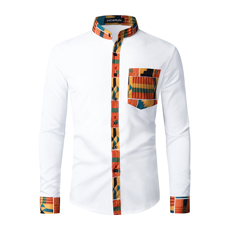 Domple Mens Ethnic Style Print Long Sleeve African Stand Collar Dress Shirts