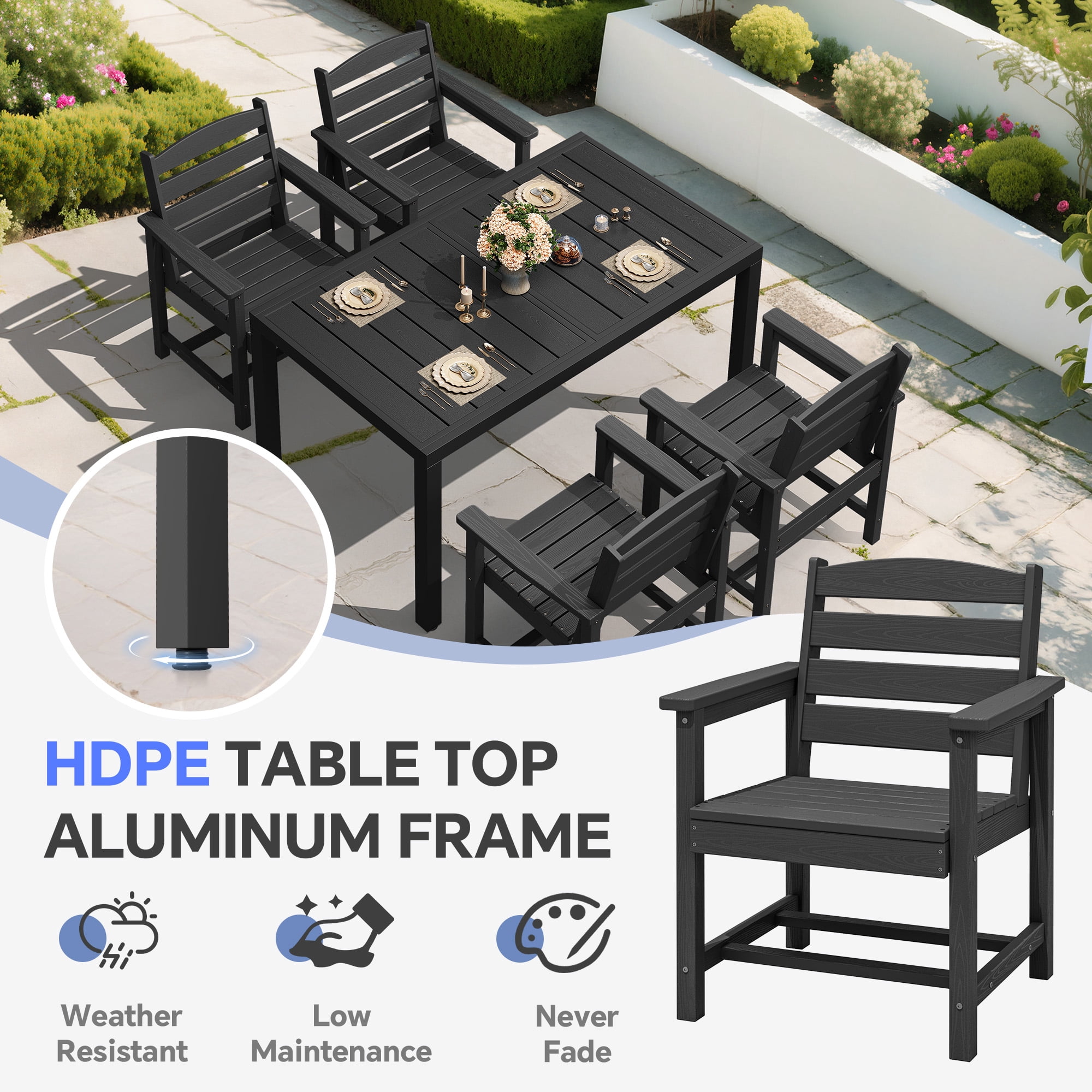 SERWALL 9-Piece Outdoor Dining Set with Expandable Patio Dining Table and 8 Chairs, 60–83 Inch All-Weather HDPE Patio Furniture Sets for Backyard, Garden, Deck, Poolside - Black