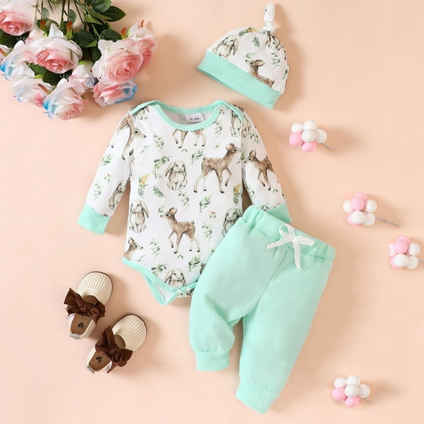 Gibobby conjunto de ropa para bebe y nino ropa para bebe recien nacido infantil floral pantalones sombrero ropa para nina pequena Verde 3 6