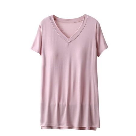 Womens Built-in Bra Short Sleeve T-Shirt Casual Solid V Neck Padded Loose Yoga Pajama Tops Summer Soft Modal Tunics