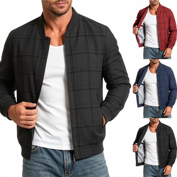 Smsaxvxz Men's Zip Up Bomber Jackets Casual Plaid Lightweight Collared Coat Business Casual Versatile Spring Fall Jacket Black 4XL