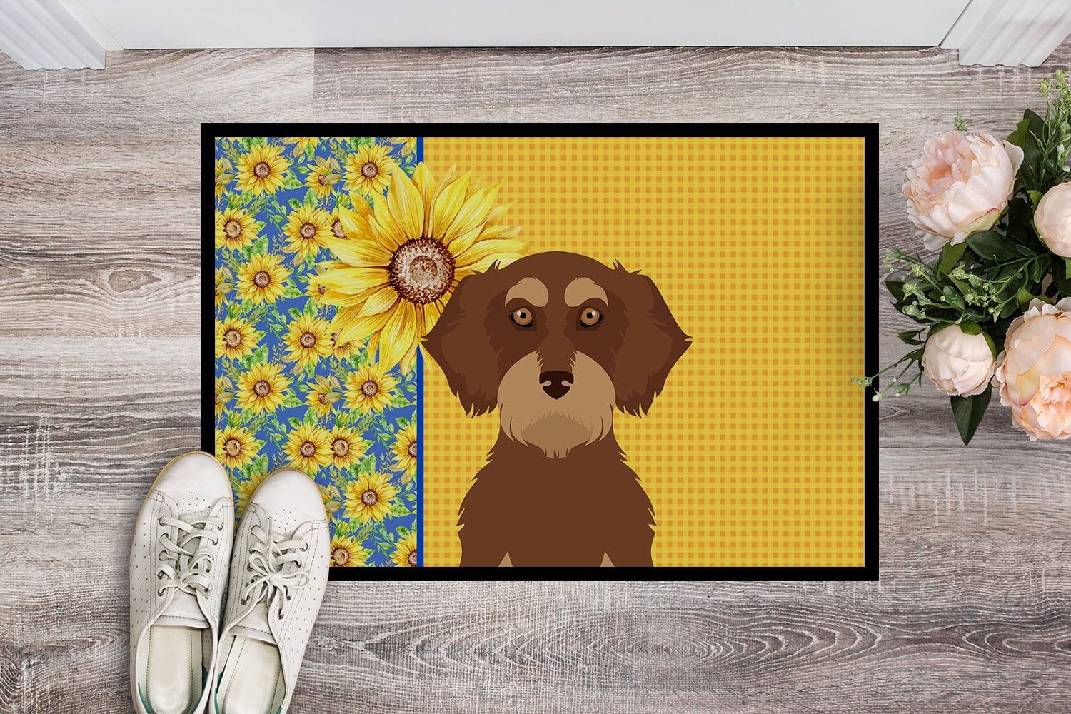 Summer Sunflowers Wirehair Red and Tan Dachshund Indoor or Outdoor Mat 24x36 36 in x 24 in