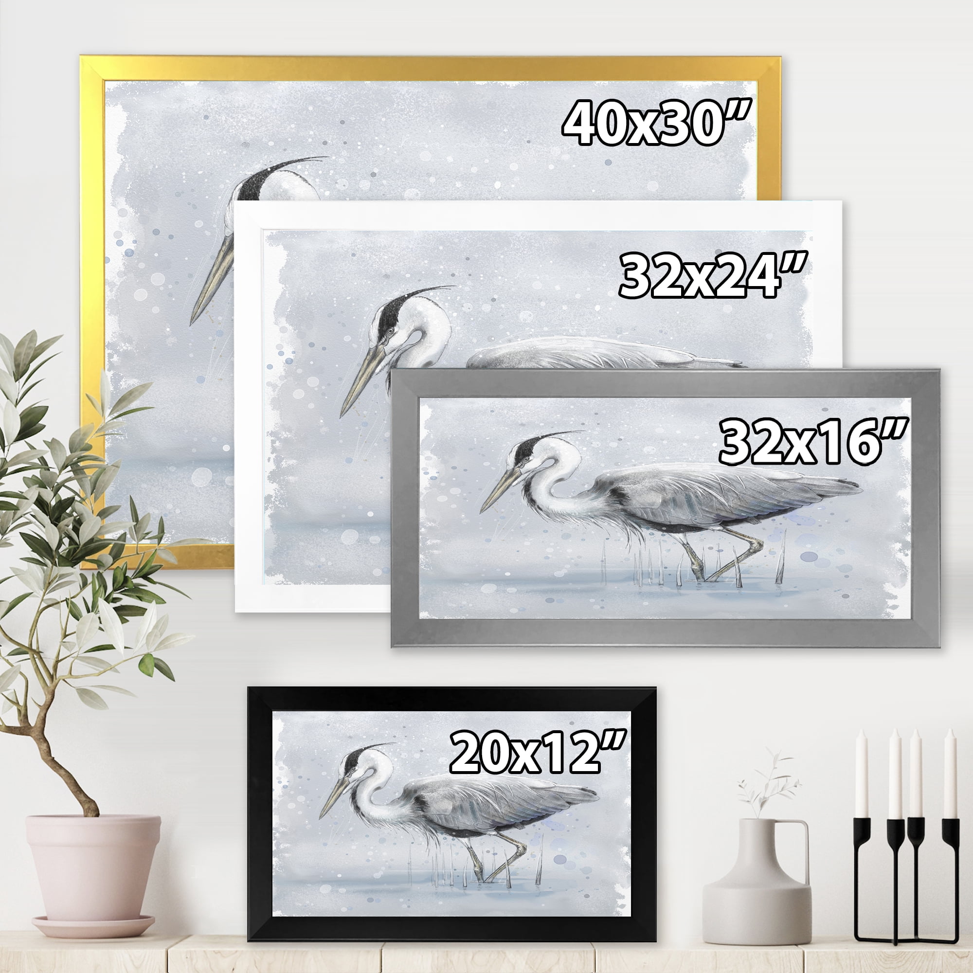 Designart 'Grey Heron Bird In Lake' Farmhouse Framed Art Print