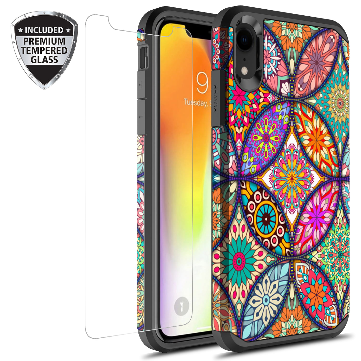 iPhone XR Case With Tempered Glass Screen Protector, Kaesar Slim Hybrid Dual Layer Graphic Fashion Colorful Cover Armor Case for Apple iPhone XR (Colorful Mandala)