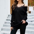 thumbnail image 4 of Suéter de manga larga con hombros descubiertos para mujer, Tops holgados con estilo con costuras de encaje, camisetas sin espalda con cuello en V, color negro L, 4 of 6