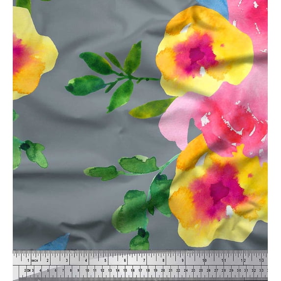 Soimoi Crepe Silk Fabric Flower & Leaves Watercolor Print Sewing Fabric Yard 42 Inch Wide