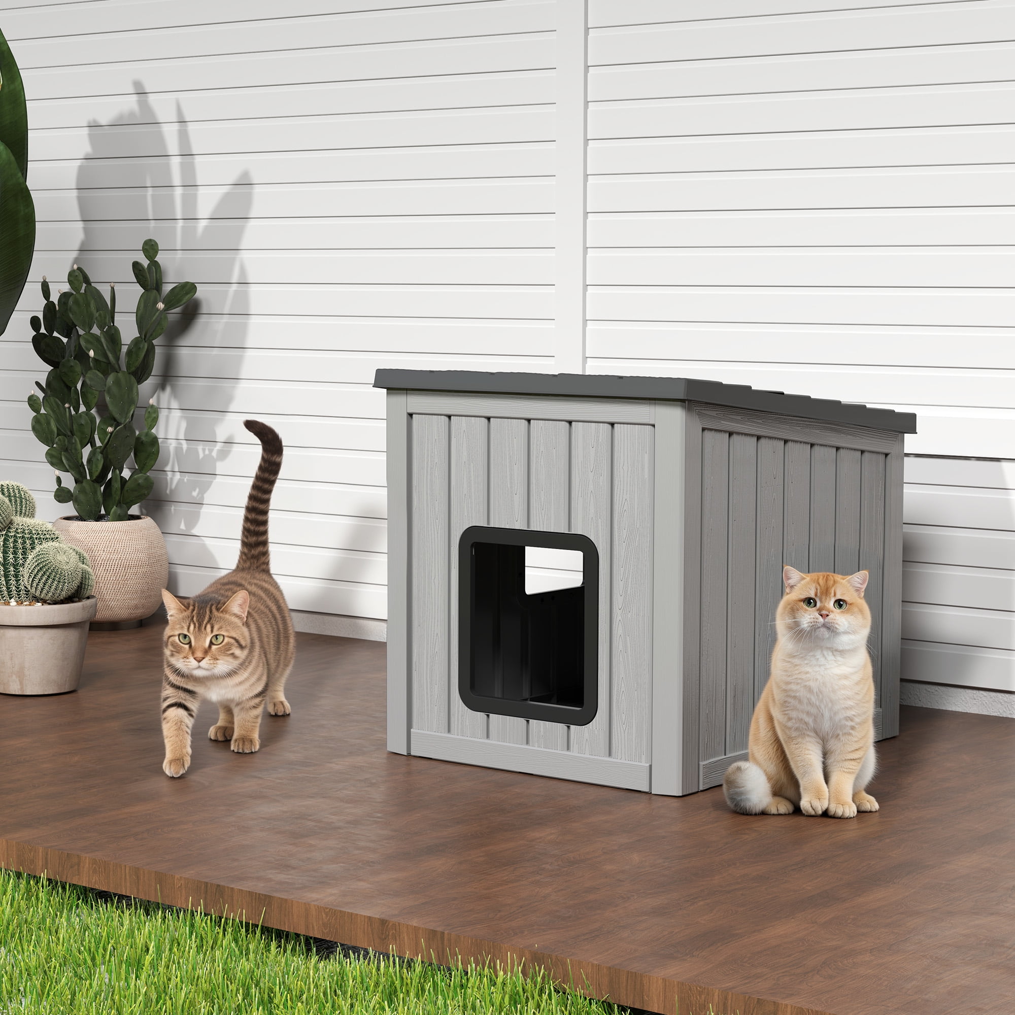 Bifanuo Outdoor Cat House, Weatherproof Shelter for Feral Cats & Kittens, Durable Insulated PP Shelter for Garden & Patio (Gray & Black)