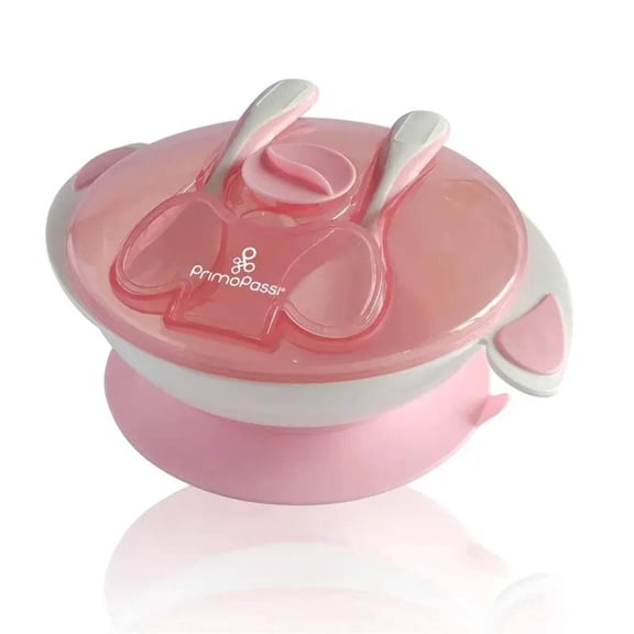 Primo Passi Baby Suction Bowl Feeding Set with Spoon, Fork & Lid, Light Pink