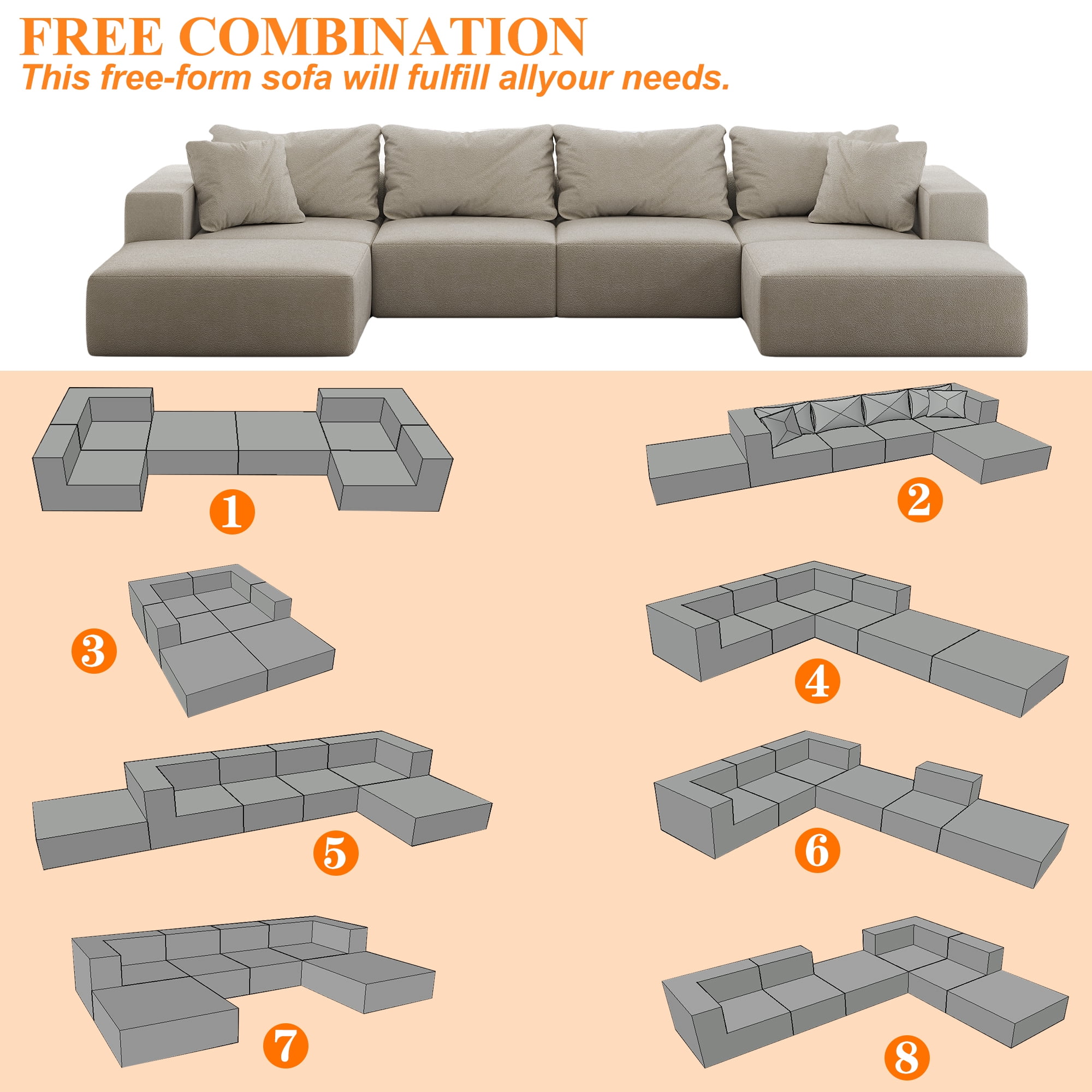 Vinform 162" Modern Upholstered Sectional Sofa with 6 Pillows, Free Combination Sectional Sofa Set for Living Room, Beige