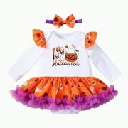 REgarm Baby Girl Halloween Outfit Ruffle Long Sleeve Romper Tulle Tutu Skirt Headband Clothes Set,6-9 Months