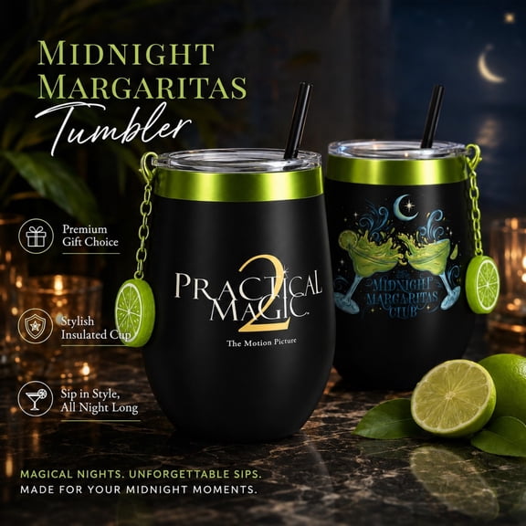 1PC Practical Magic 2 Tumbler With Charm , Insulated Stainless Steel Cup with Lid, Straw & Lime Charm, Midnight Margaritas Club Travel Tumbler, Halloween Gift With Box