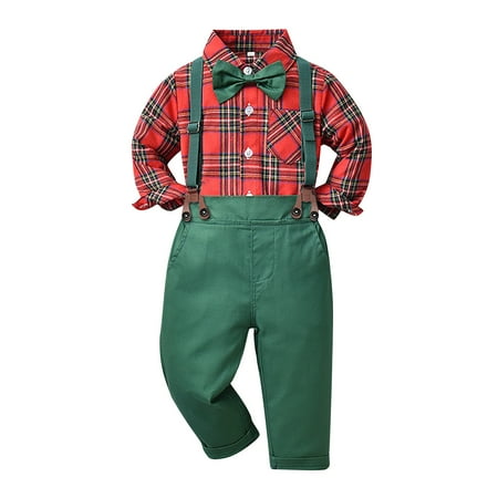 

BIZIZA Baby Boy Outfit 2-Piece Shirts Cute Long Sleeve Winter Bow Tie Suspender Pants for Kids Green 130